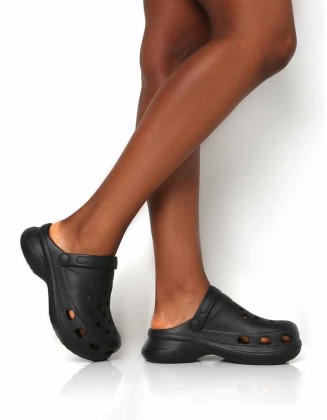 Frenzy Black Rubberised Sling Back Closed Toe Clog Sandals