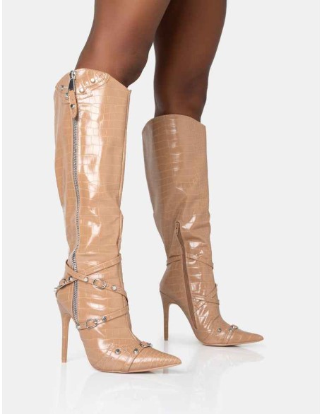 Worthy Camel Croc Studded Zip Detail Pointed Toe Stiletto Knee High Boots