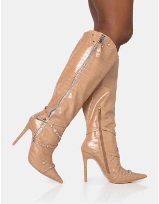Worthy Camel Croc Studded Zip Detail Pointed Toe Stiletto Knee High Boots