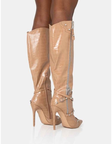 Worthy Camel Croc Studded Zip Detail Pointed Toe Stiletto Knee High Boots
