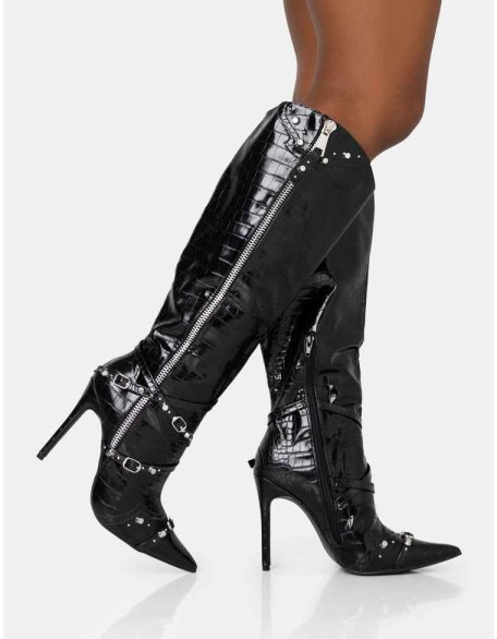 Worthy Black Croc Studded Zip Detail Pointed Toe Stiletto Knee High Boots