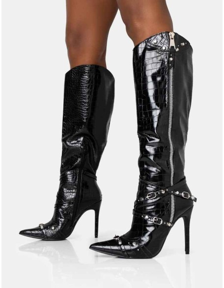 Worthy Black Croc Studded Zip Detail Pointed Toe Stiletto Knee High Boots