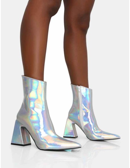 Kenzie Holographic PU Pointed Toe Block Heel Ankle Boots