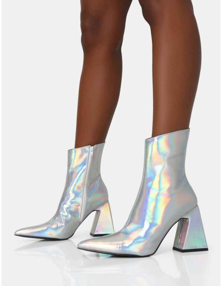 Kenzie Holographic PU Pointed Toe Block Heel Ankle Boots