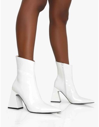 Kenzie White Patent Pointed Toe Block Heel Ankle Boots