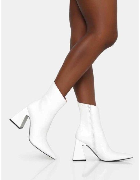 Kenzie White Patent Pointed Toe Block Heel Ankle Boots