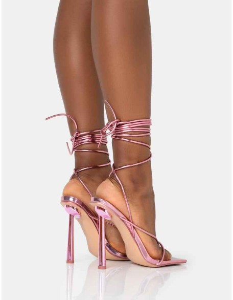 Lacey Pink Metallic Square Toe Strappy Lace Up Stiletto Heels