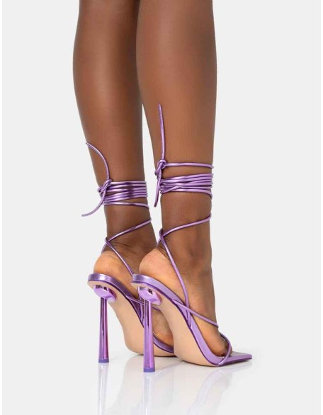 Lacey Purple Metallic Square Toe Strappy Lace Up Stiletto Heels