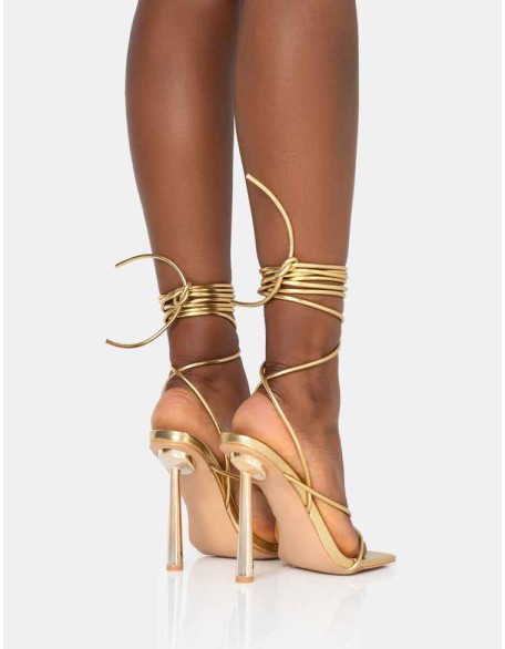 Lacey Gold Metallic Square Toe Strappy Lace Up Stiletto Heels