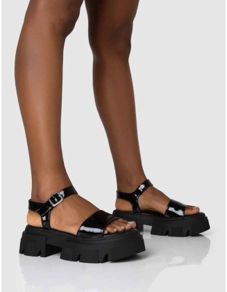 Athens Black Patent Round Toe Chunky Flat Sandals