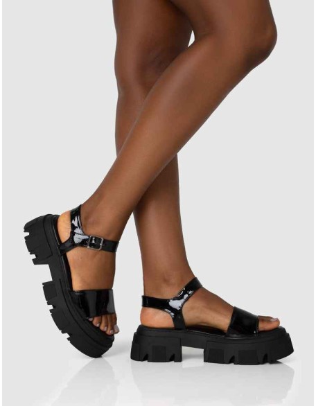 Athens Black Patent Round Toe Chunky Flat Sandals
