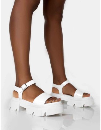 Athens White Patent Round Toe Chunky Flat Sandals