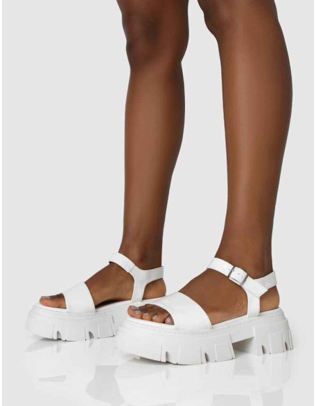 Athens White Patent Round Toe Chunky Flat Sandals
