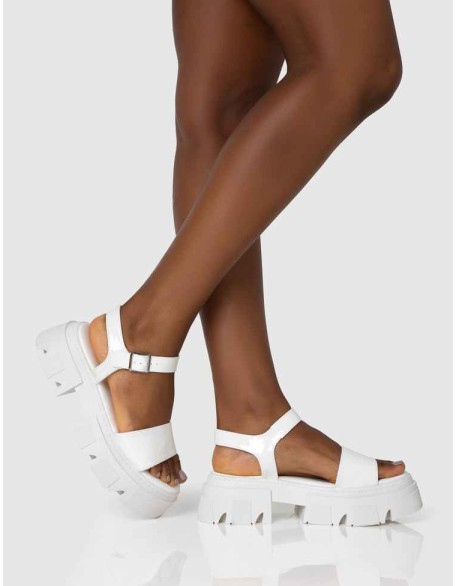 Athens White Patent Round Toe Chunky Flat Sandals