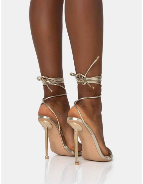 Look Back Wide Fit Gold Metallic Pointed Toe Lace Up Stiletto Heels