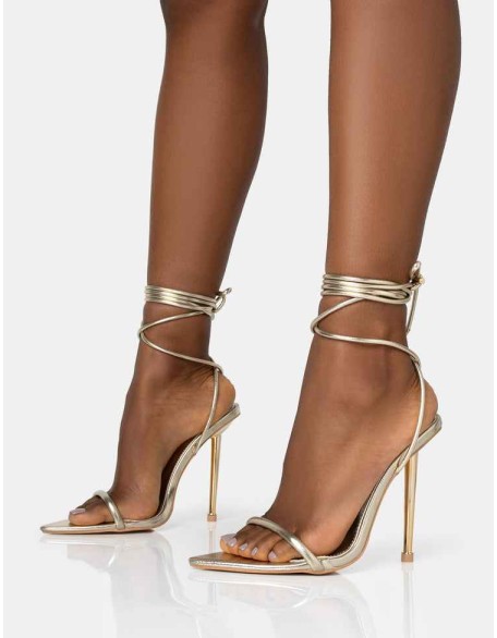 Look Back Wide Fit Gold Metallic Pointed Toe Lace Up Stiletto Heels