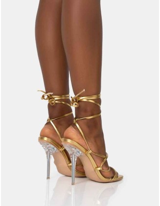 Nobu Gold Lace Up Round Toe Perspex Stiletto Heels