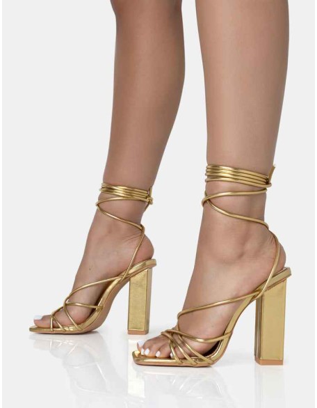 Nyla Gold Strappy Lace Up Square Toe Block Heels