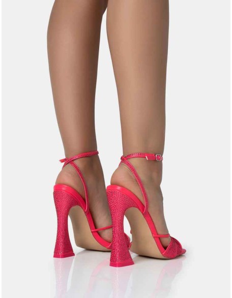 Opulence Hot Pink PU Diamante Strappy Square Toe Flared Block Heels