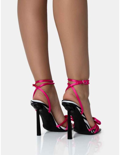 Love Games Zebra Print & Pink Satin Wrap Around Bow Square Toe Sitlleto Heels