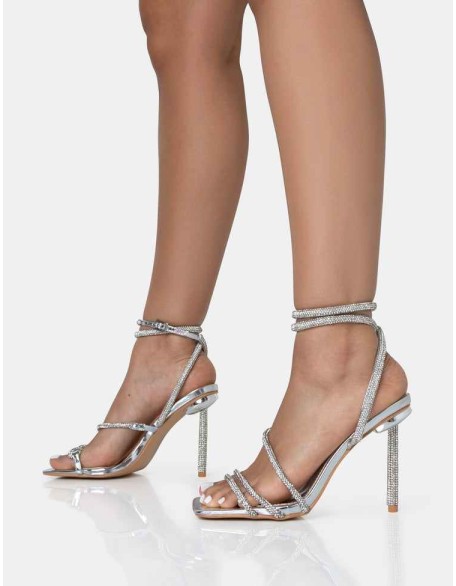 Clueless Silver Strappy Square Toe Diamante Heels