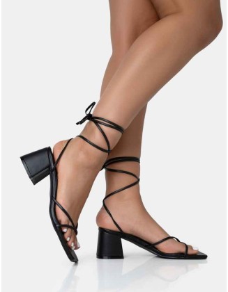 Casey Black Strappy Lace Up Square Toe Low Block Heel Sandals