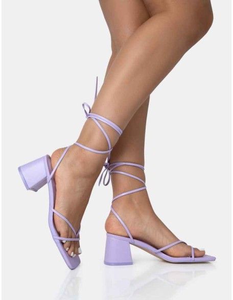 Casey Lilac Strappy Lace Up Square Toe Low Block Heel Sandals