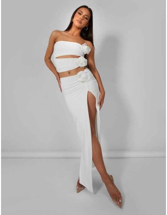 Rose Detail Extreme Split Maxi Skirt Ivory