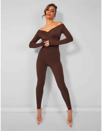 Second Skin Off Shoulder Ruched Unitard Jumpsuit Brown