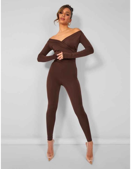 Second Skin Off Shoulder Ruched Unitard Jumpsuit Brown