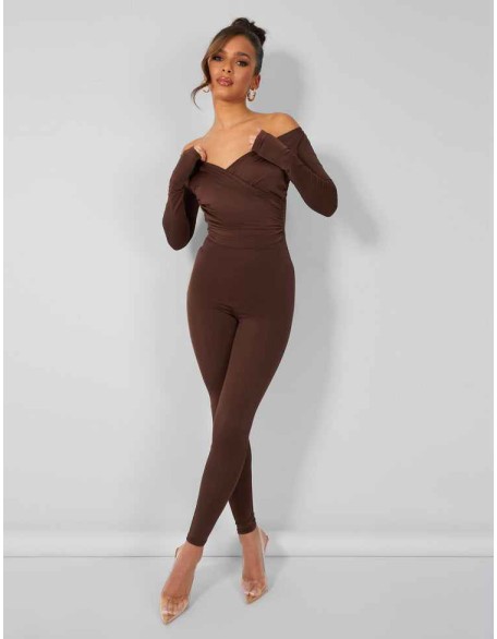 Second Skin Off Shoulder Ruched Unitard Jumpsuit Brown