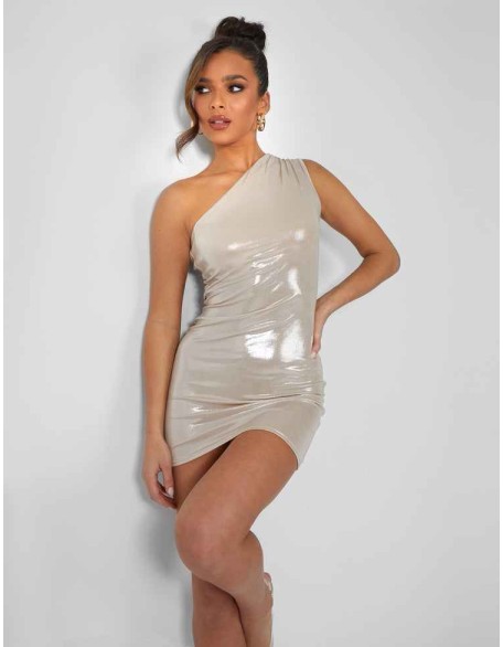 One Shoulder Ruched Metallic Mini Dress Champagne
