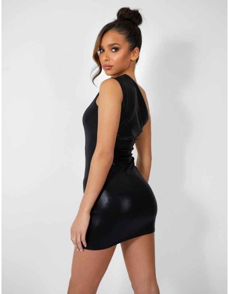 One Shoulder Ruched Metallic Mini Dress Black
