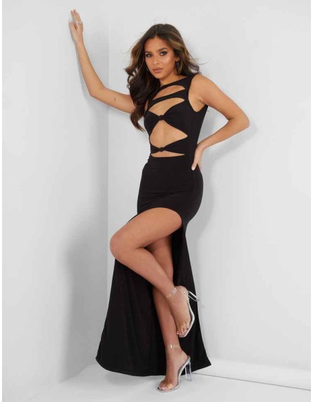 Cut Away Knotted Detail Extreme Spilt Maxi Dress Black