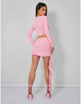 Frill Detail Tie Front Cardigan Top Baby Pink