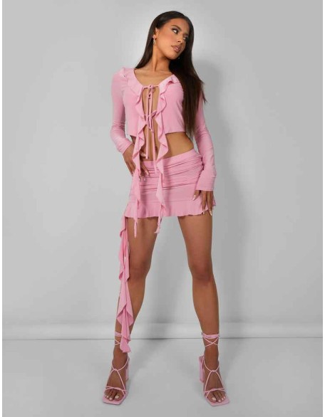 Frill Detail Tie Front Cardigan Top Baby Pink
