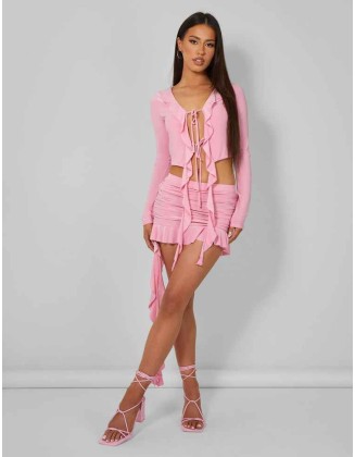 Frill Detail Ruched Mini Skirt Baby Pink