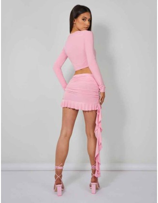 Frill Detail Ruched Mini Skirt Baby Pink