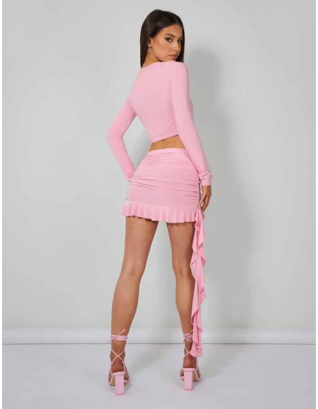 Frill Detail Ruched Mini Skirt Baby Pink