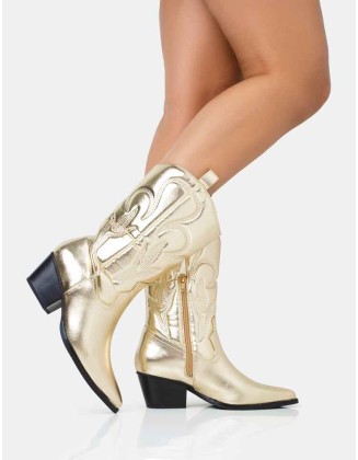 Calabasas Gold Western Embroidered Knee High Pointed Toe Cowboy Boots
