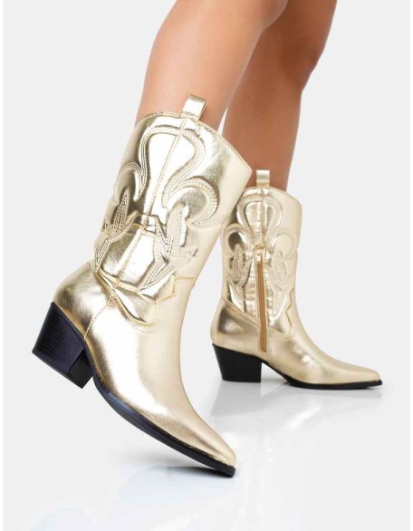 Calabasas Gold Western Embroidered Knee High Pointed Toe Cowboy Boots