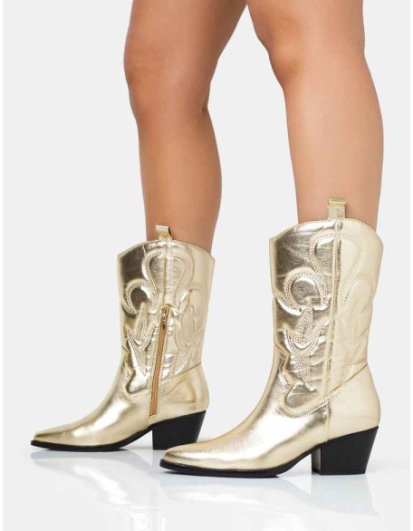 Calabasas Gold Western Embroidered Knee High Pointed Toe Cowboy Boots