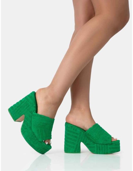 Wavez Green Terry Towelling Round Toe Platform Block Heel Mules