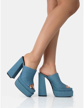 Skyhigh Denim Chunky Platform High Heeled Mules