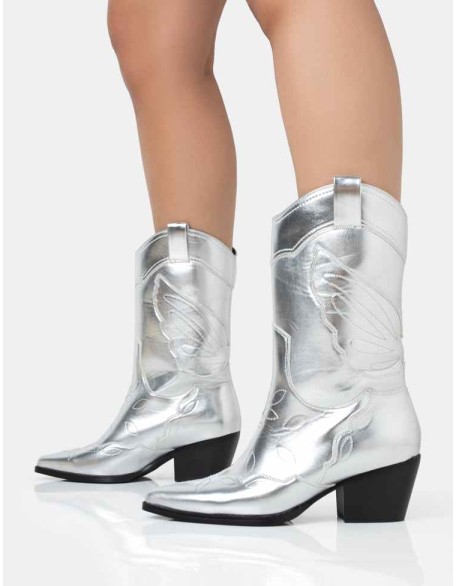 Howdy Silver Pu Pointed Toe Western Cowboy Block Ankle Boots