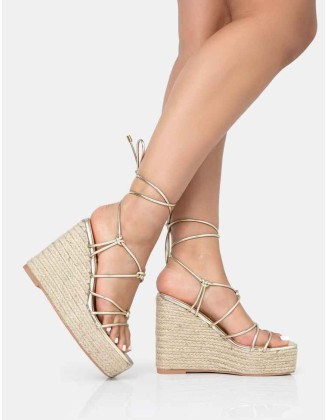 Islander Gold Lace Up Square Toe High Heeled Sandal Esparille Wedges