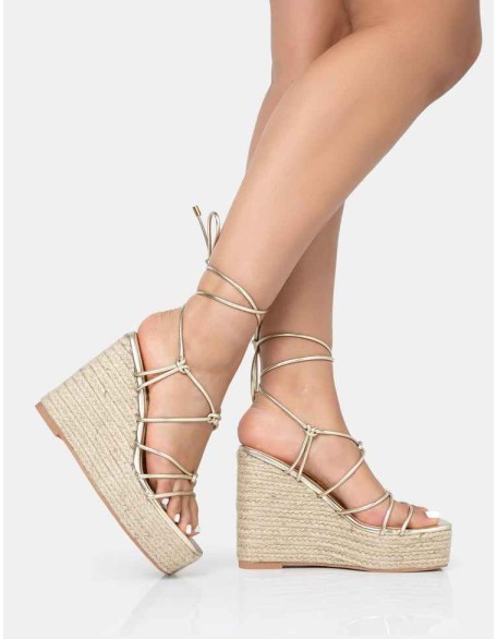 Islander Gold Lace Up Square Toe High Heeled Sandal Esparille Wedges