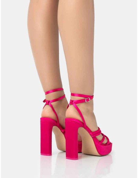 Viola Hot Pink Satin Strappy Square Toe Platform Flat Block Heels