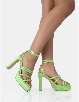 Viola Lime Satin Strappy Square Toe Platform Flat Block Heels