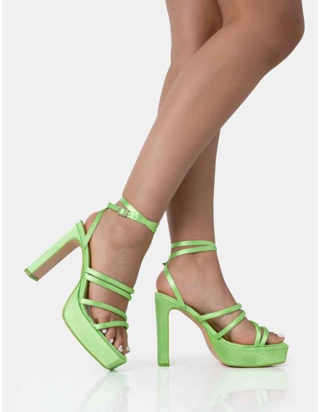 Viola Lime Satin Strappy Square Toe Platform Flat Block Heels
